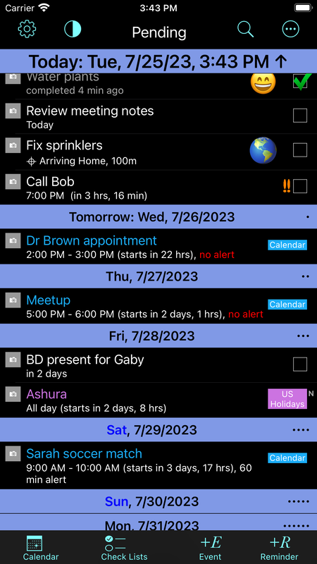 Pending Reminders/Events View screenshot